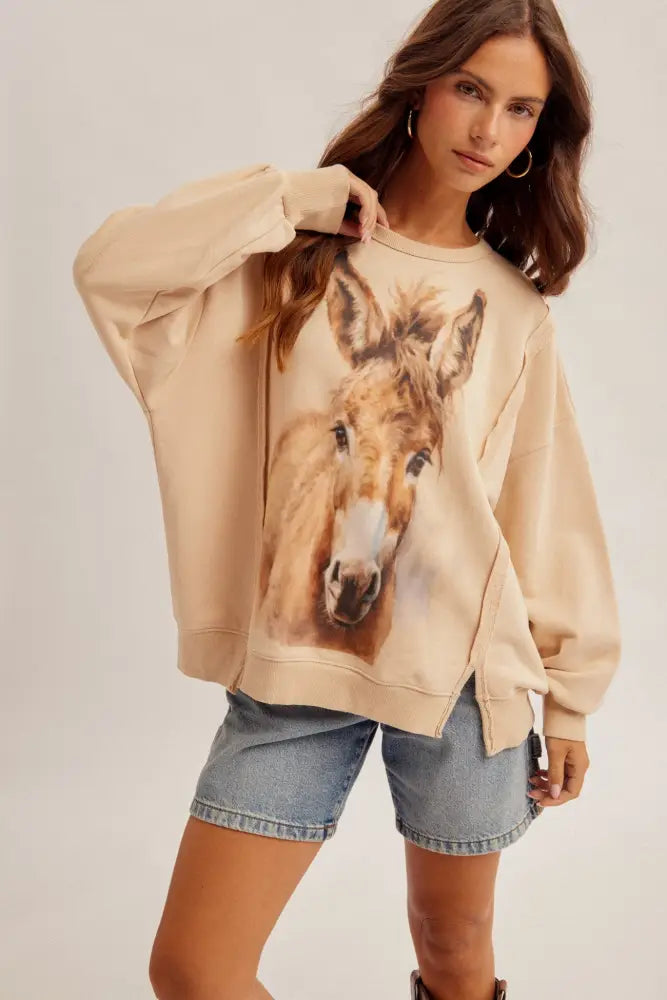 Horse Terry Oversized Top with Slits Tan - Top