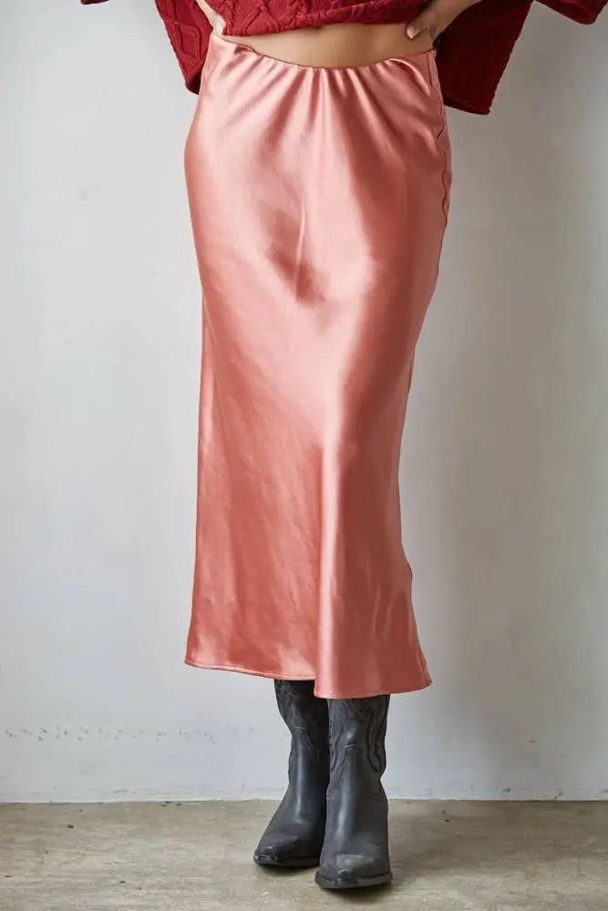 L5954 | Woven Satin Waist Elastic Band Midi Skirt: Pearl / Medium