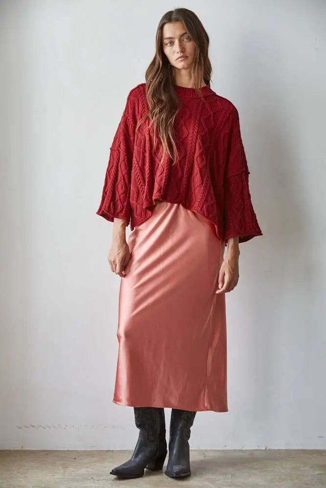 L5954 | Woven Satin Waist Elastic Band Midi Skirt: Rosewood Pink / Medium