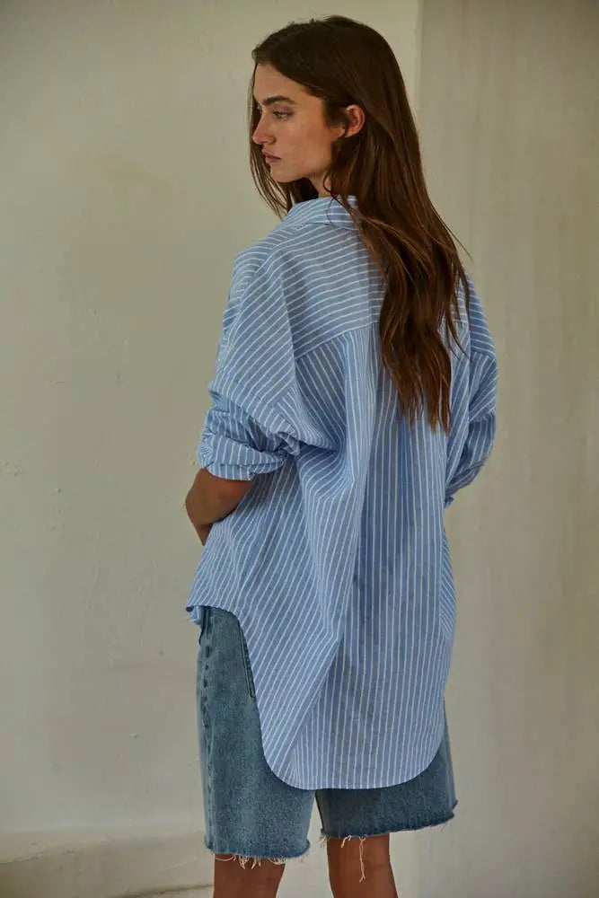 L8287 | Woven Cotton Polyester Striped Buttondown Shirt: Denim Blue / M