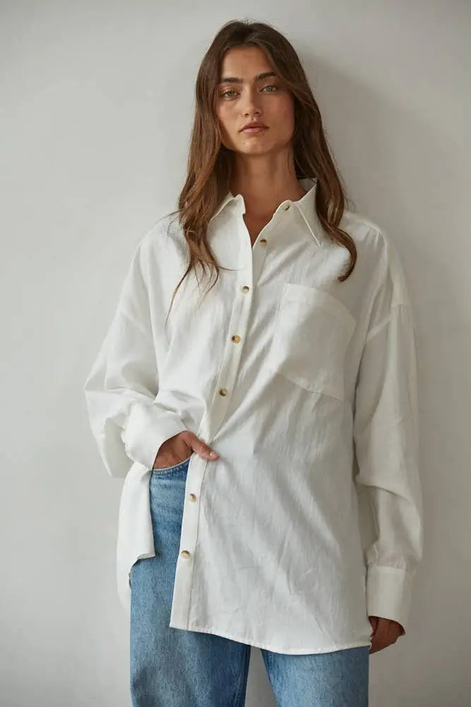L8605T | Woven Cotton Button Down Collar Neck Long Sleeve Ov: Off White / M