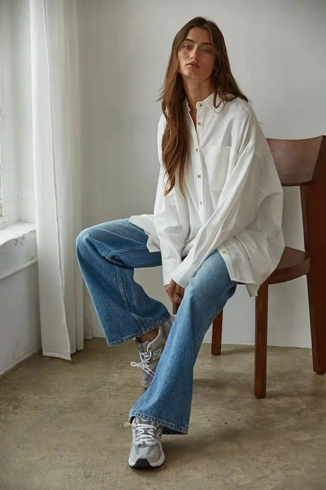 L8605T | Woven Cotton Button Down Collar Neck Long Sleeve Ov: Off White / M