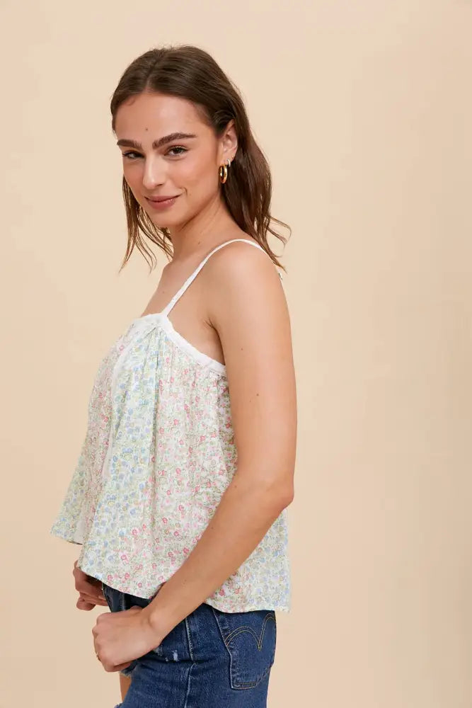 LACE ACCENTED FLORAL CONTRAST PANEL BUTTON TOP: ROSE/BLUE MULTI - Posh Finds
