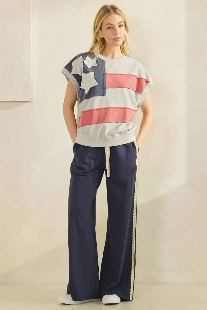 LACE STRIPED ELASTIC WAIST TERRY SWEATPANTS: RED - Posh Finds
