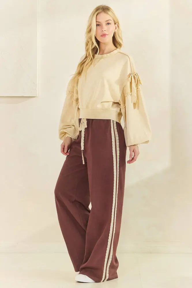 LACE STRIPED ELASTIC WAIST TERRY SWEATPANTS: RED - Posh Finds