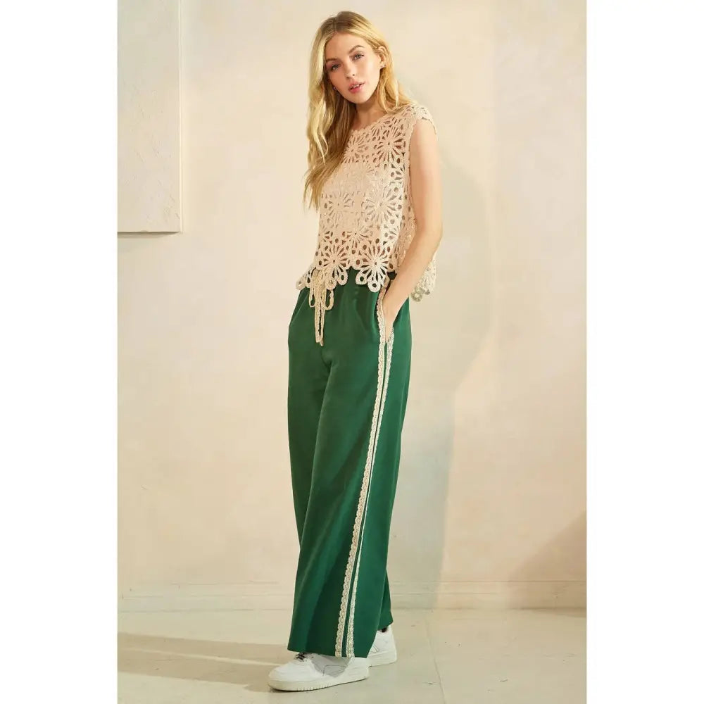 LACE STRIPED ELASTIC WAIST TERRY SWEATPANTS: RED - Posh Finds