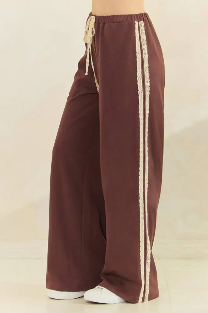 LACE STRIPED ELASTIC WAIST TERRY SWEATPANTS: RED - Posh Finds