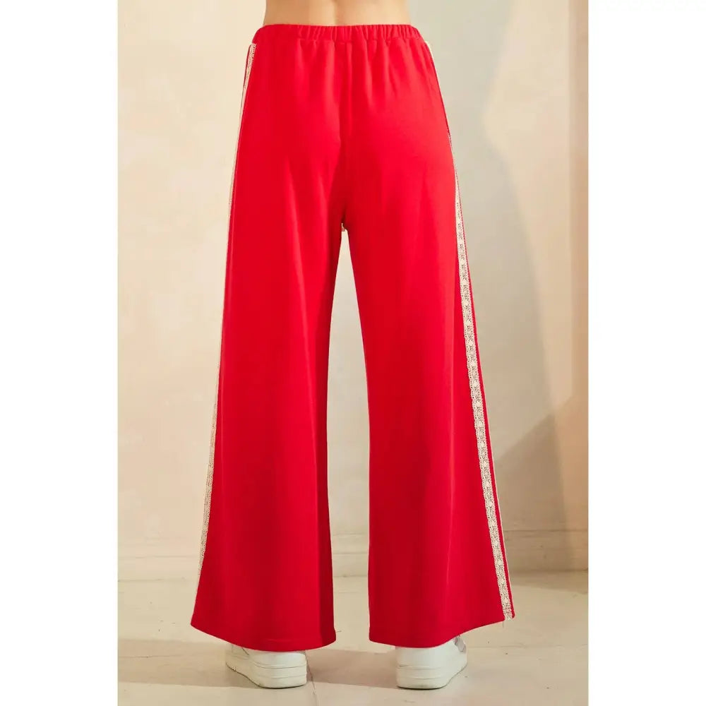 LACE STRIPED ELASTIC WAIST TERRY SWEATPANTS: RED - Posh Finds