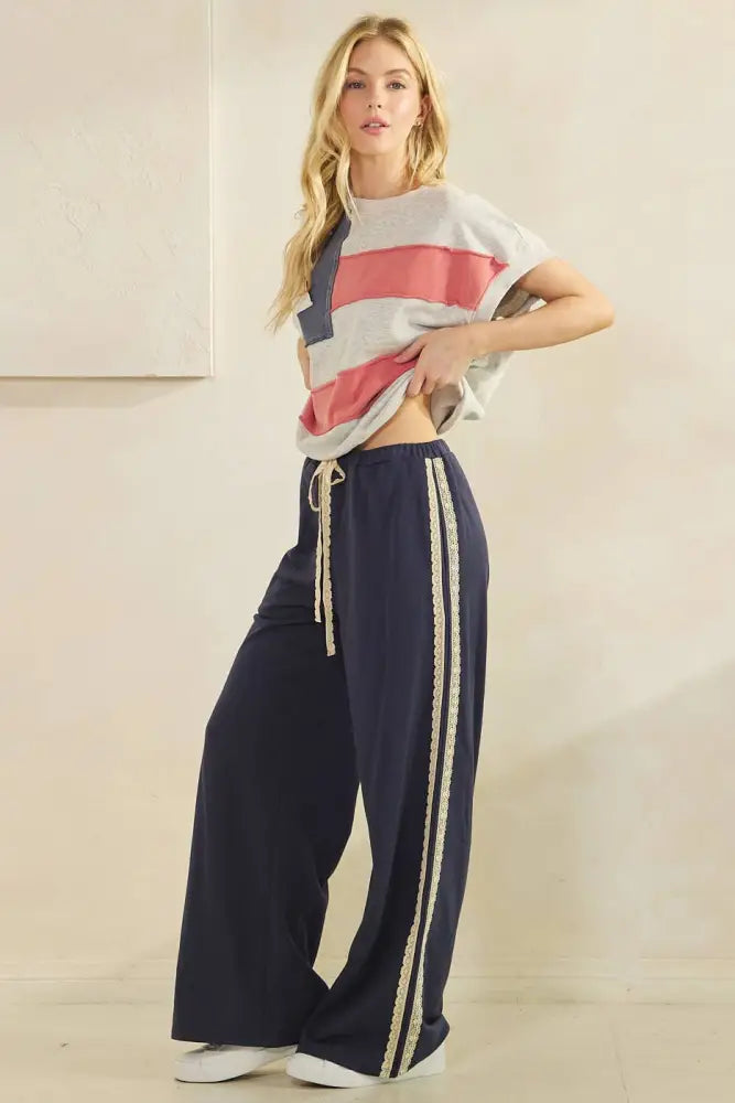 LACE STRIPED ELASTIC WAIST TERRY SWEATPANTS: RED - Posh Finds