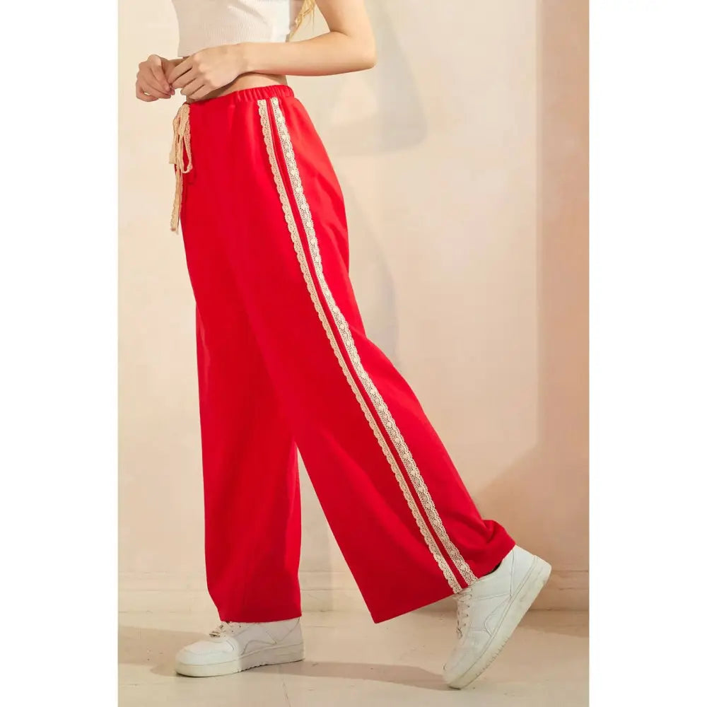 LACE STRIPED ELASTIC WAIST TERRY SWEATPANTS: RED - Posh Finds