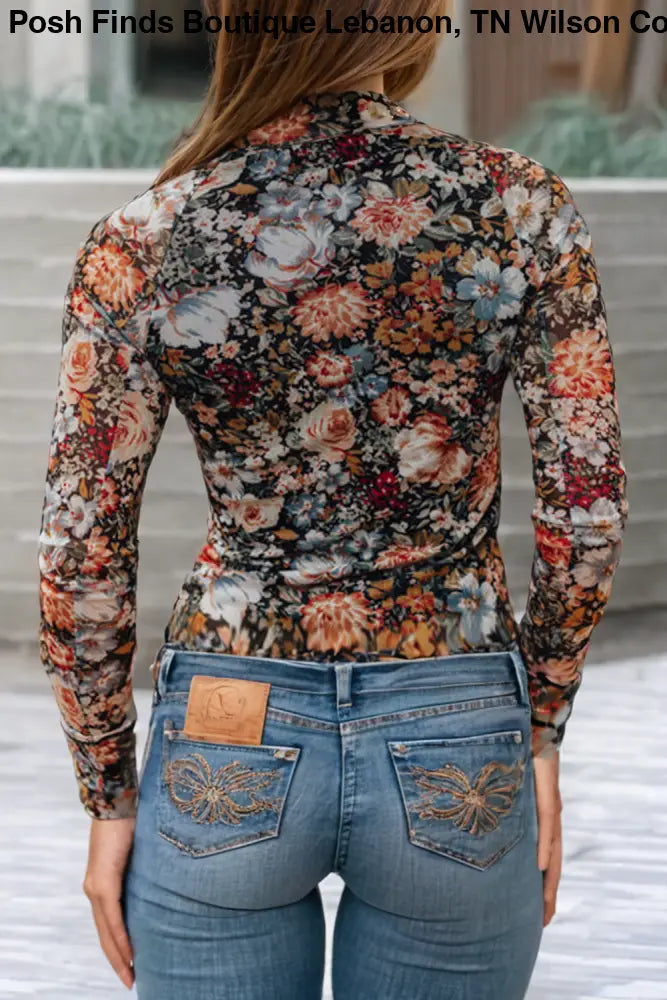 LDC Floral Long Sleeve High Neck Sheath Mesh Blouse: Brown / M - Posh Finds