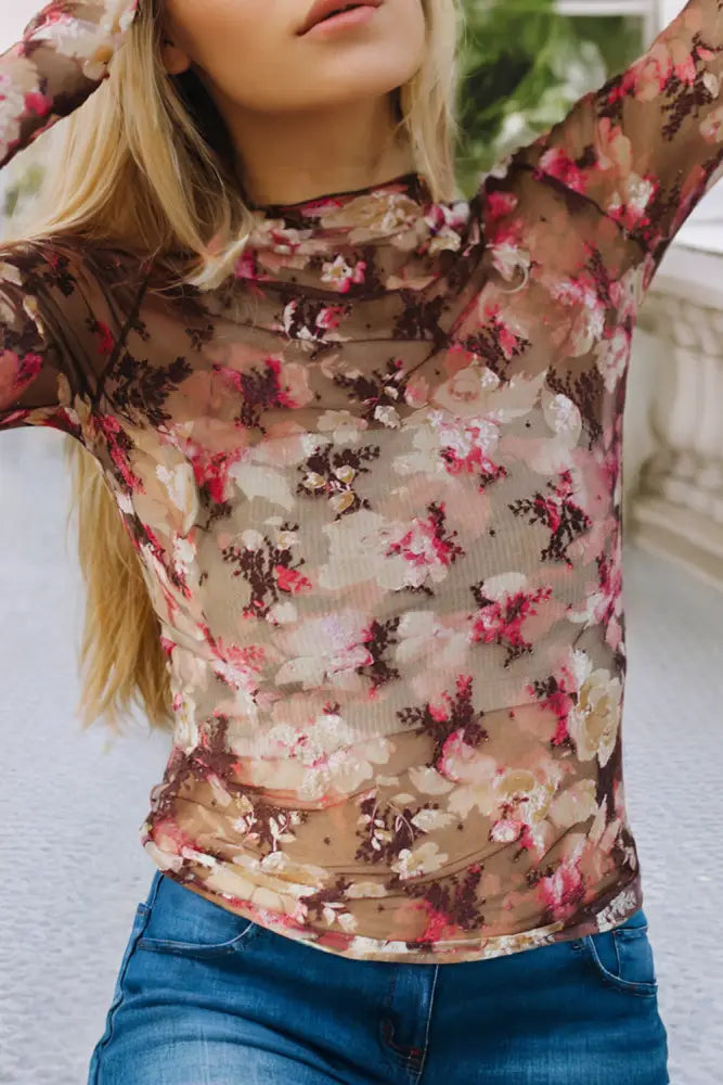 LDC Floral Print Sheer Mesh Long Sleeve Top: Red / XL - Posh Finds