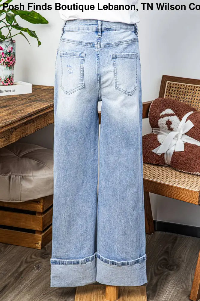 Light Wash Distressed Cuffed Flare Jeans - Posh Finds