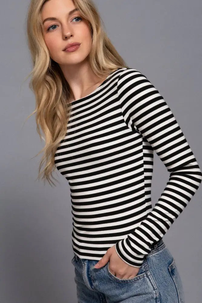 Long Sleeve Boat Neck Stripe Brushed Rib Top: BLACK/CREAM - Posh Finds