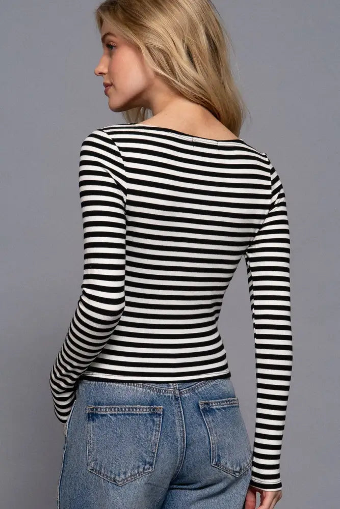 Long Sleeve Boat Neck Stripe Brushed Rib Top: BLACK/CREAM - Posh Finds
