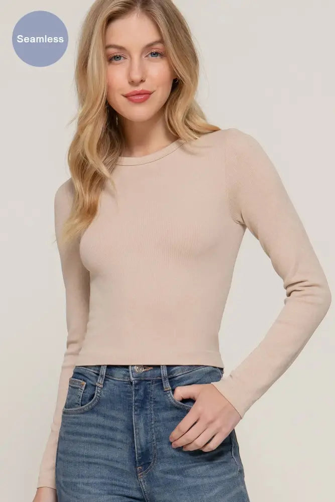 Long Sleeve Crew Neck Rib Seamless Top: Black - Posh Finds