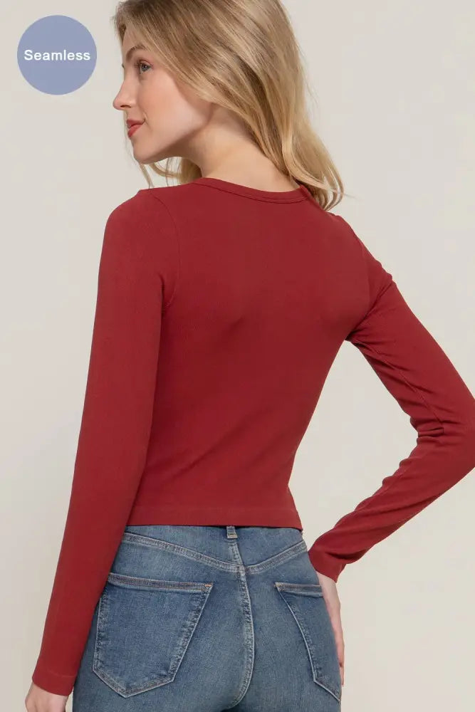 Long Sleeve Crew Neck Rib Seamless Top: Olive - Posh Finds