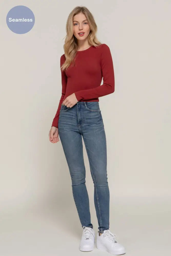 Long Sleeve Crew Neck Rib Seamless Top: Olive - Posh Finds