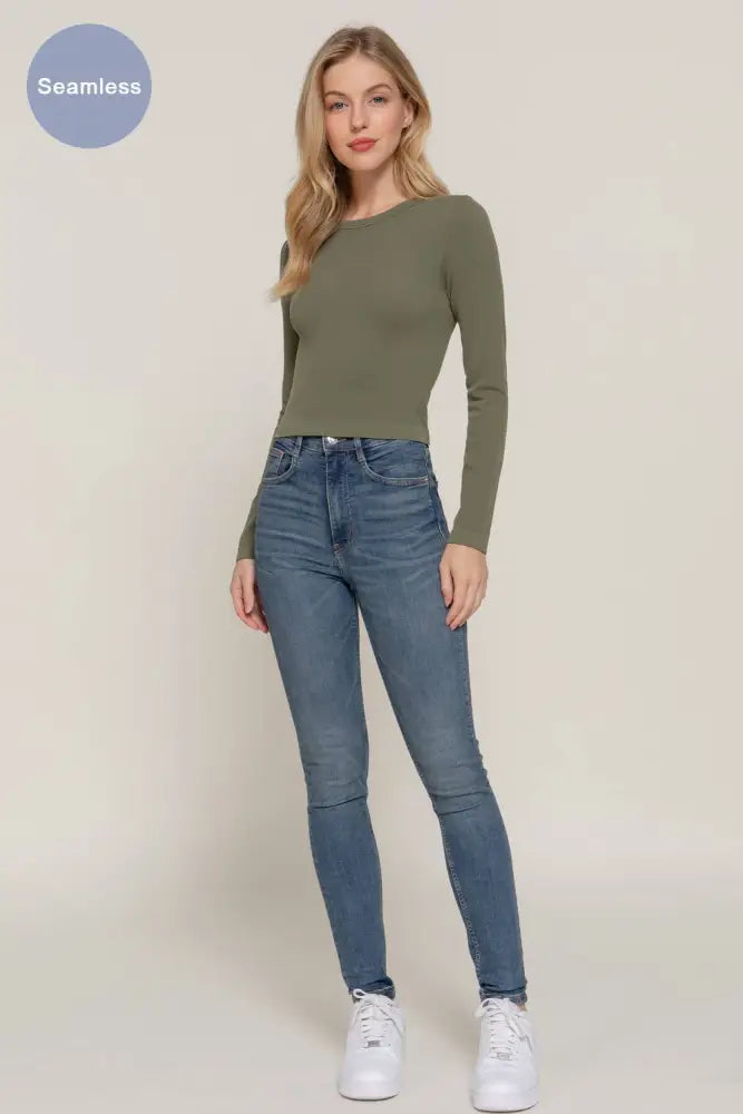 Long Sleeve Crew Neck Rib Seamless Top: Olive - Posh Finds