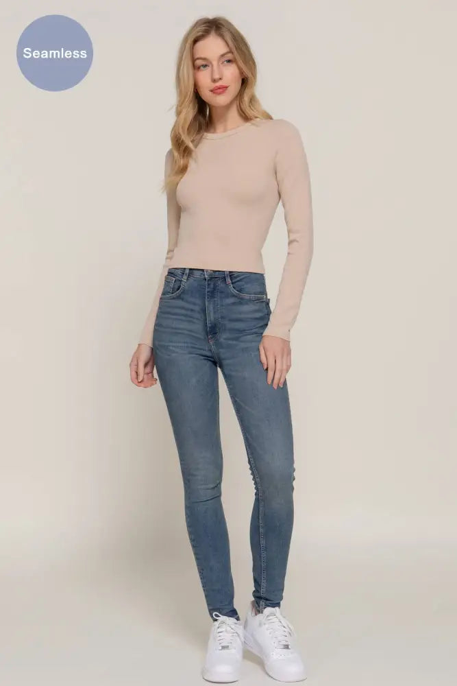 Long Sleeve Crew Neck Rib Seamless Top: Olive - Posh Finds
