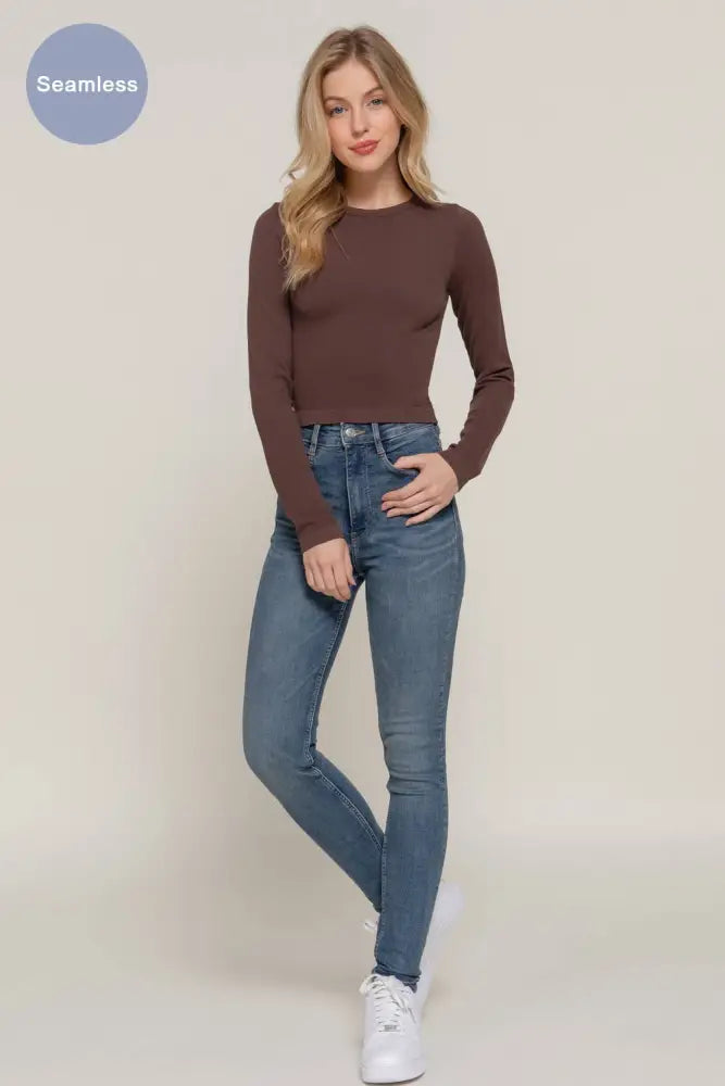 Long Sleeve Crew Neck Rib Seamless Top: Taupe - Posh Finds