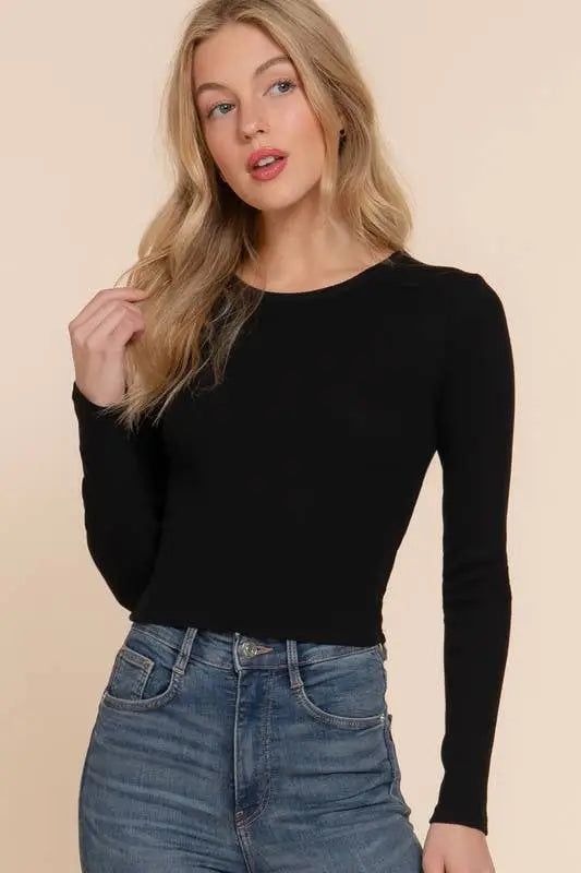 Long Slv Round Neck Cotton Span Rib Tee: BLACK - Posh Finds
