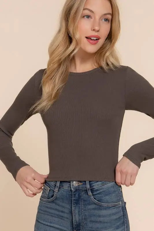 Long Slv Round Neck Cotton Span Rib Tee: PINK - Posh Finds