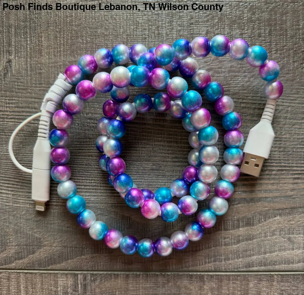Mermaid Beaded Phone Charger with Lightning & USB-C: White Blue - Phone Charger