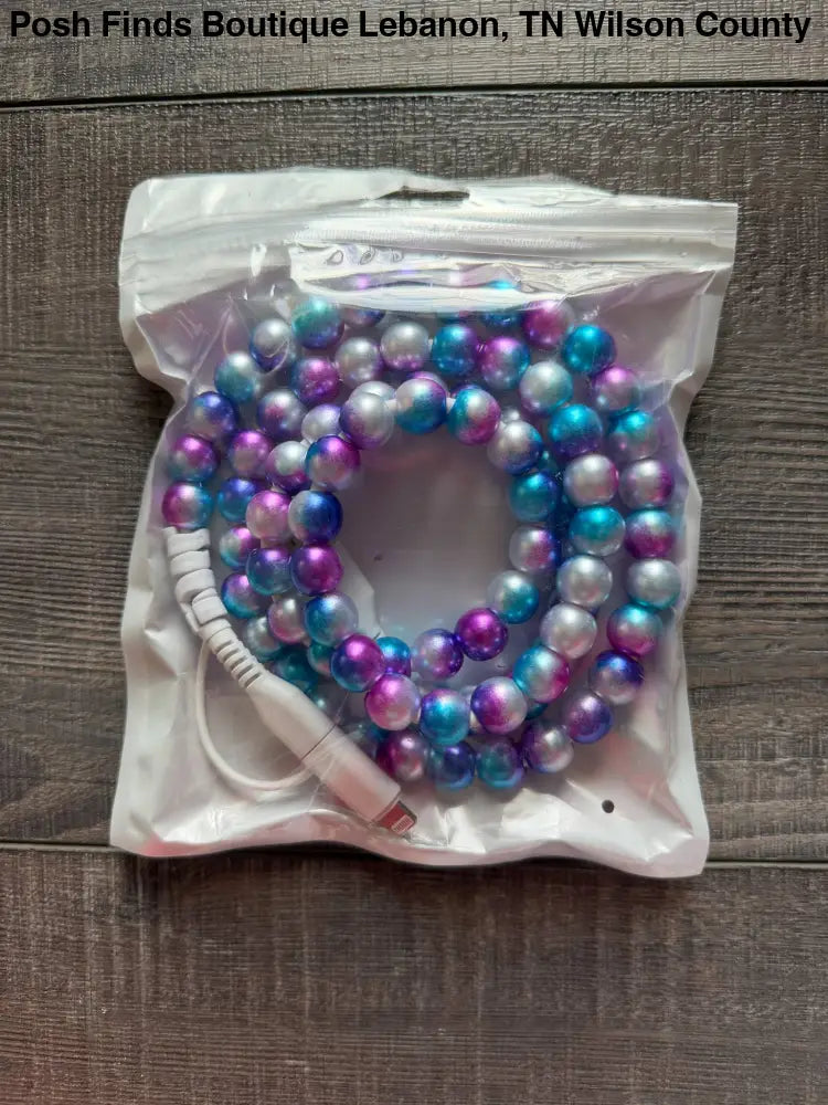 Mermaid Beaded Phone Charger with Lightning & USB-C: White Blue - Phone Charger