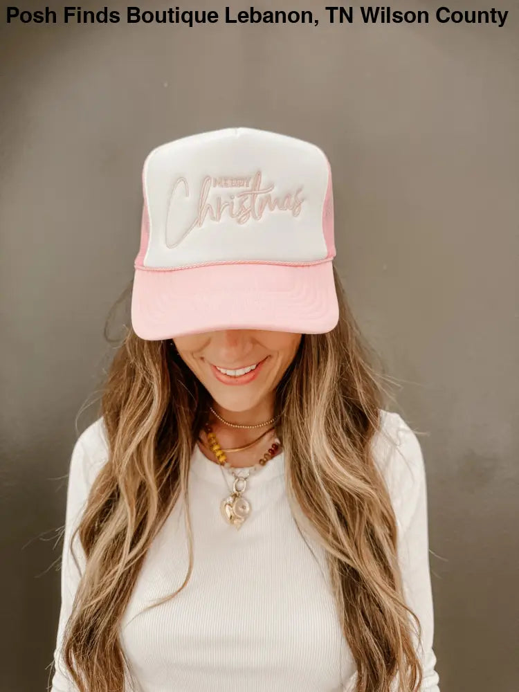 Merry Christmas Trucker Hat Embroidered in Pink - Posh Finds