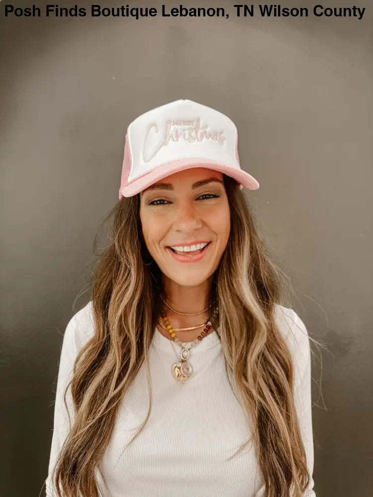 Merry Christmas Trucker Hat Embroidered in Pink - Posh Finds