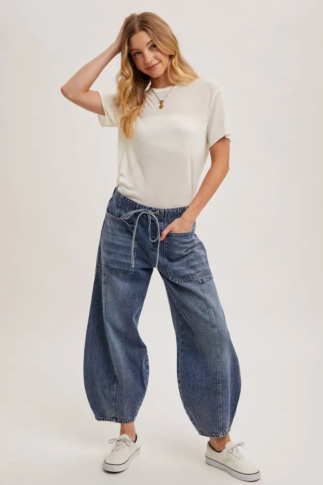 MID-WAIST DRAWSTRINGS BARREL JEANS: LT.WASH - Posh Finds