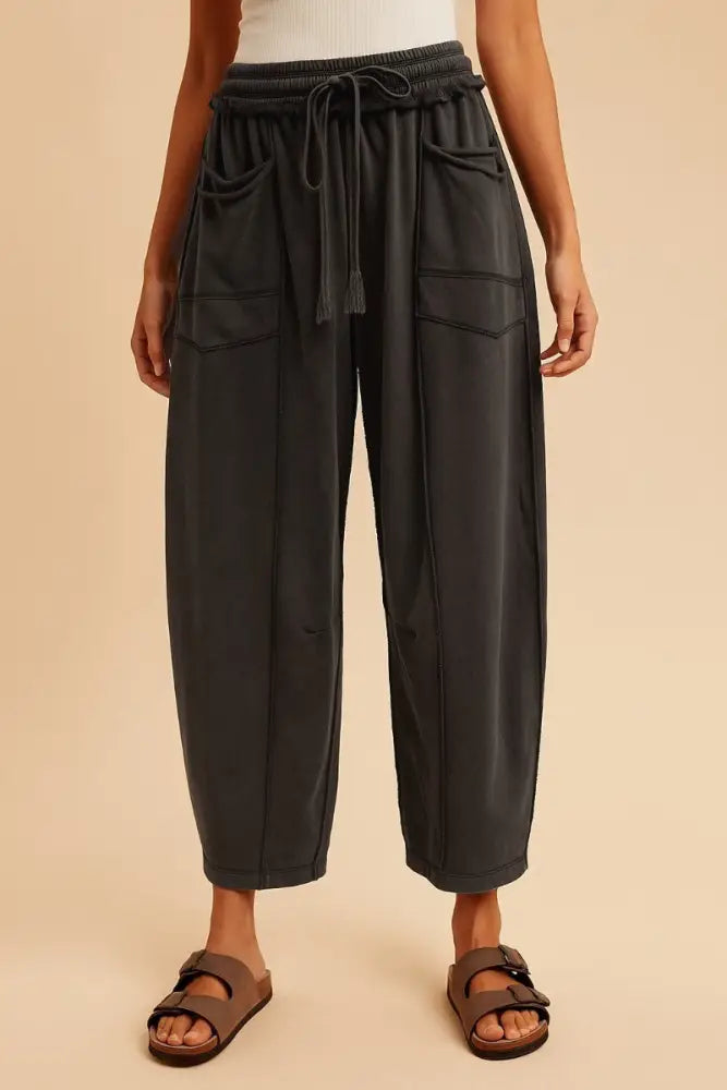 Mineral Wash Barrel Fit Utility Knit Pants - Black - Women > Pants