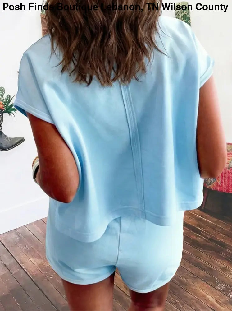 Mist Blue Solid Loose Polo Tee Elastic Waist Short Set - set
