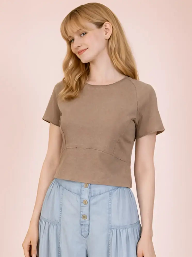 Mocha Short Sleeve Fitted Crop Top - Shorts