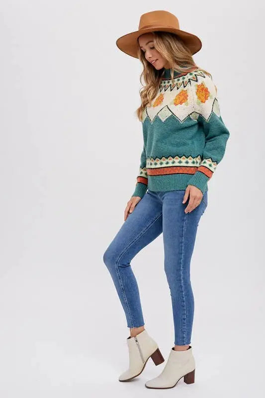 Mock Neck Fair Isle Sweater: DARK MINT - Posh Finds