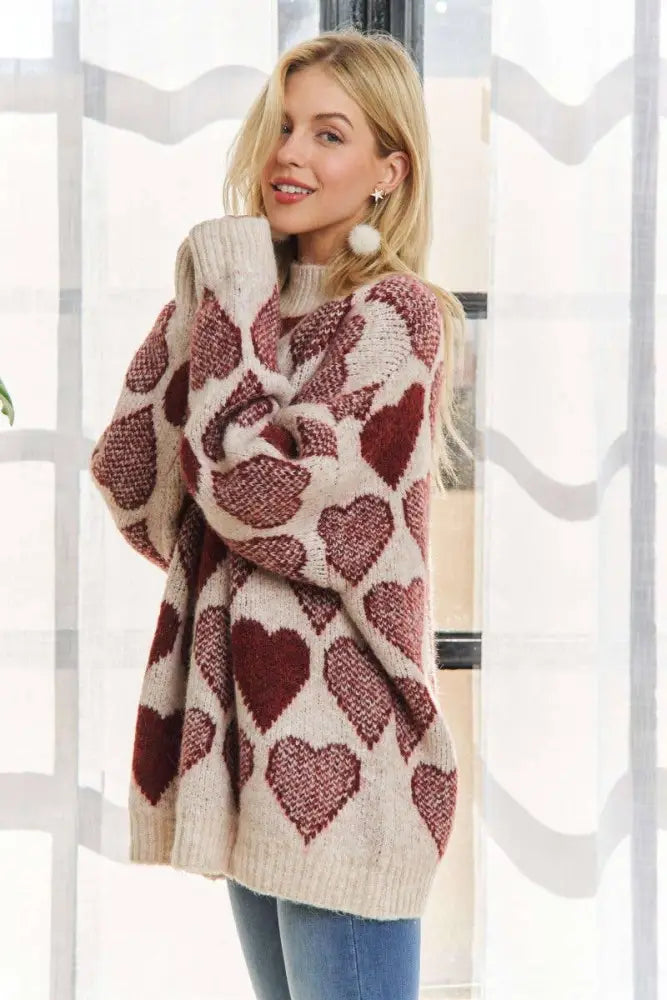 Mock Neck Heart Print Pullover Sweater - Posh Finds