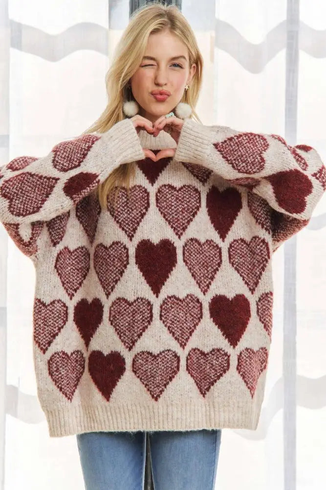 Mock Neck Heart Print Pullover Sweater - Posh Finds