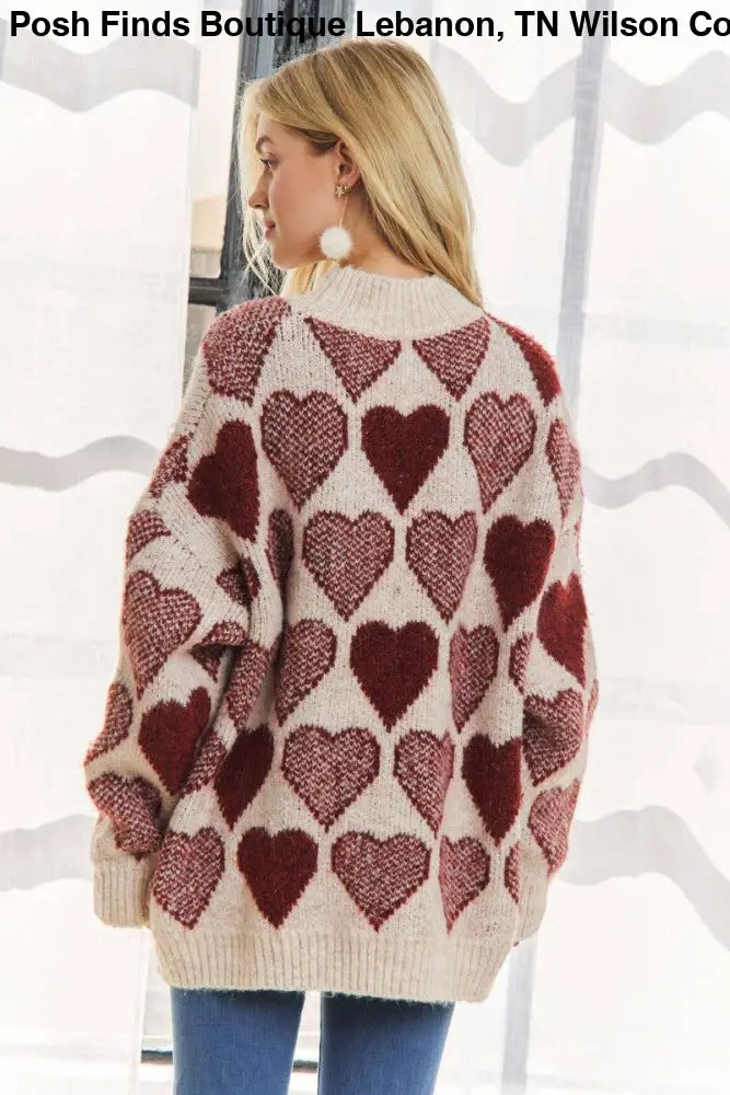Mock Neck Heart Print Pullover Sweater - Posh Finds