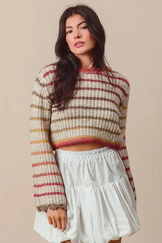 Multi Color Gradation Stripe Crop Sweater: OATMEAL/RUST - Posh Finds