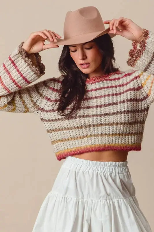 Multi Color Gradation Stripe Crop Sweater: OATMEAL/RUST - Posh Finds