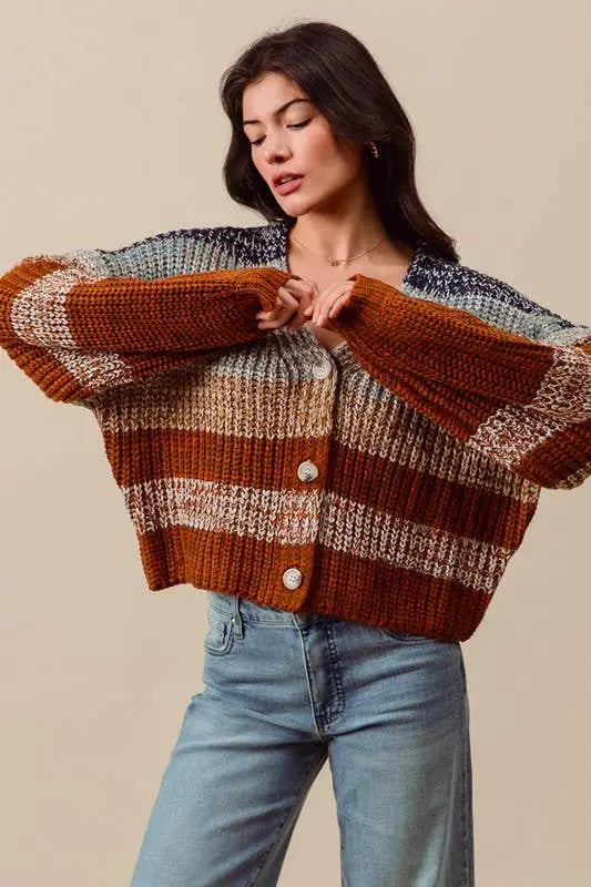 Multi Color Stripe Sweater Cardigan: NAVY/RUST - Posh Finds