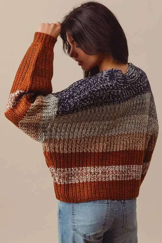 Multi Color Stripe Sweater Cardigan: NAVY/RUST - Posh Finds