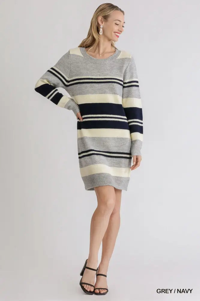 Multi Stripe Long Sleeve Knit Sweater Dress Gray - Posh Finds