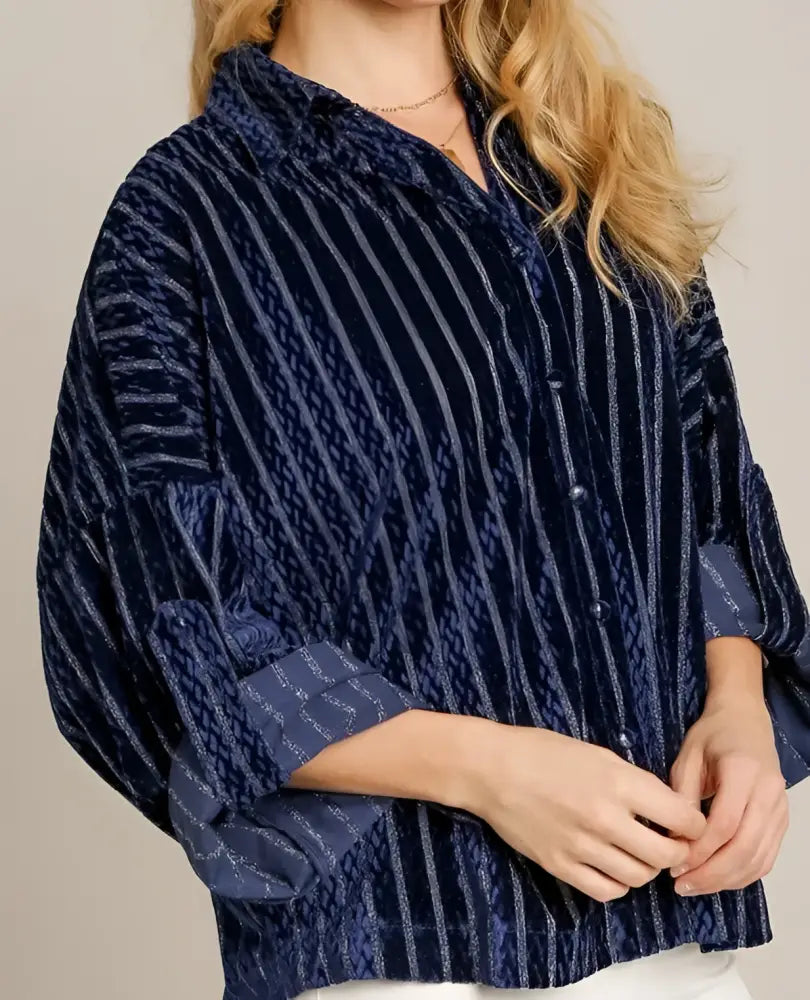 Navy Velvet Shimmer Blouse - Posh Finds
