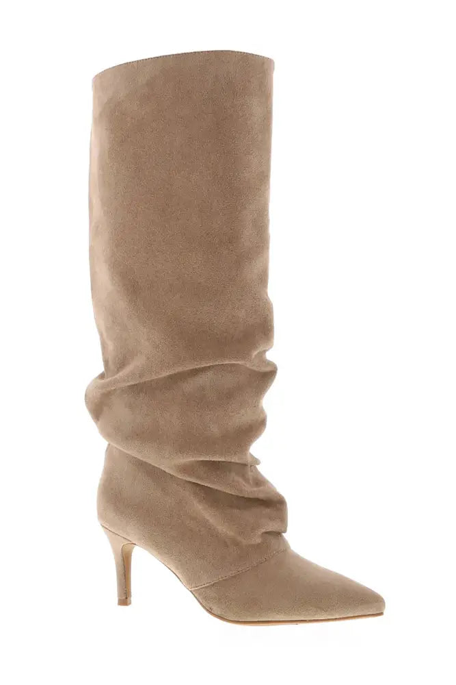 NEWARK-28 Suede Pointed Toe Kitten Heel Tall Boots: Black Suede / Medium Heel