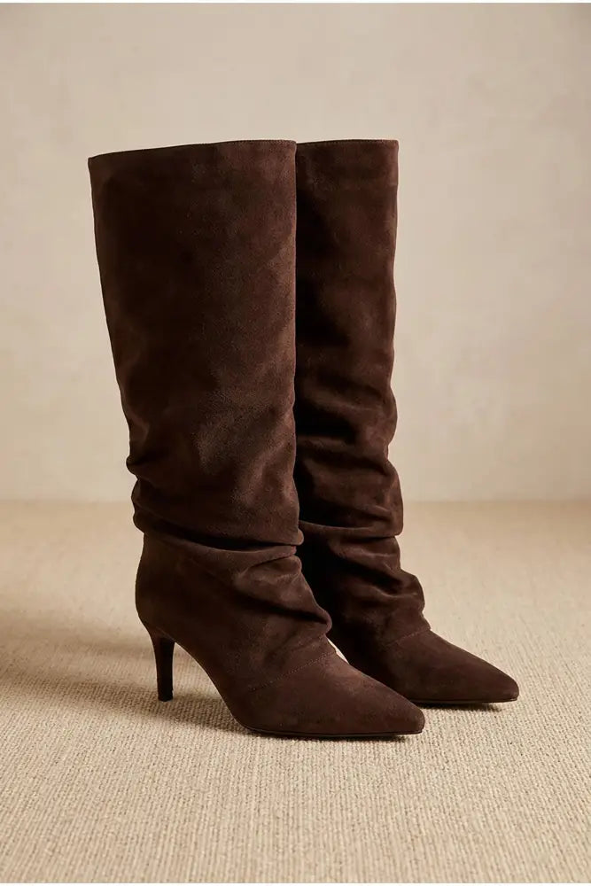 NEWARK-28 Suede Pointed Toe Kitten Heel Tall Boots: Taupe Suede / Medium Heel
