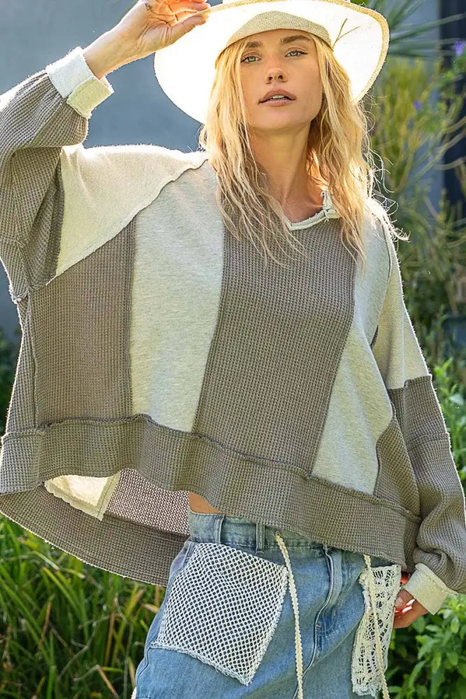 Notched Neck Contrast Fabric Basic Long Sleeve Top GREY - Posh Finds
