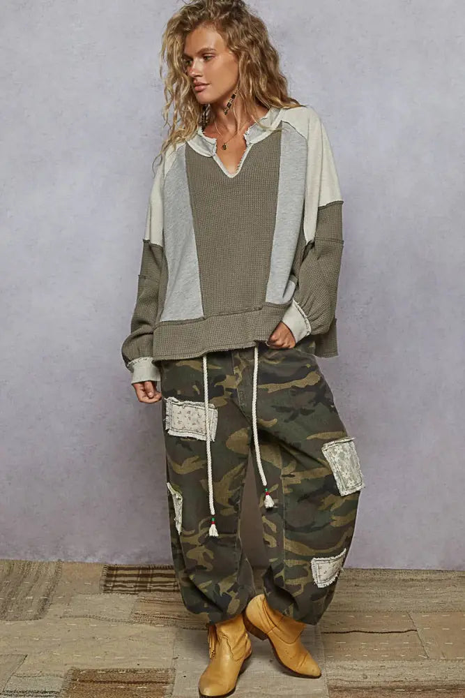 Notched Neck Contrast Fabric Basic Long Sleeve Top GREY - Posh Finds