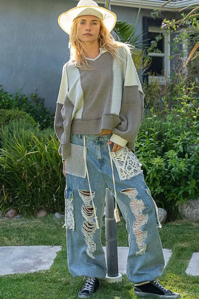 Notched Neck Contrast Fabric Basic Long Sleeve Top GREY - Posh Finds